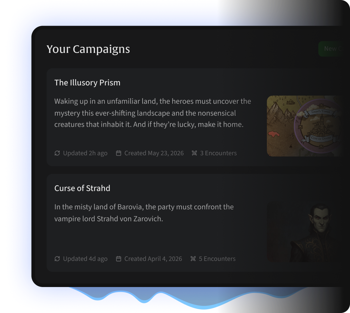 Campaign organization view with saved campaigns and encounters