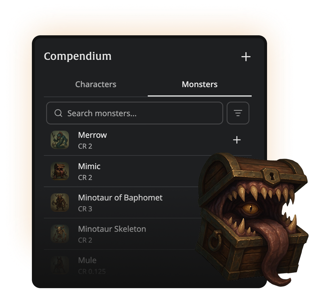Monster and character library with stat blocks and a creature portrait